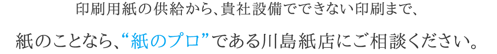 印刷用紙の供給から、貴社設備でできない印刷まで、紙のことなら、“紙のプロ”である川島紙店にご相談ください。